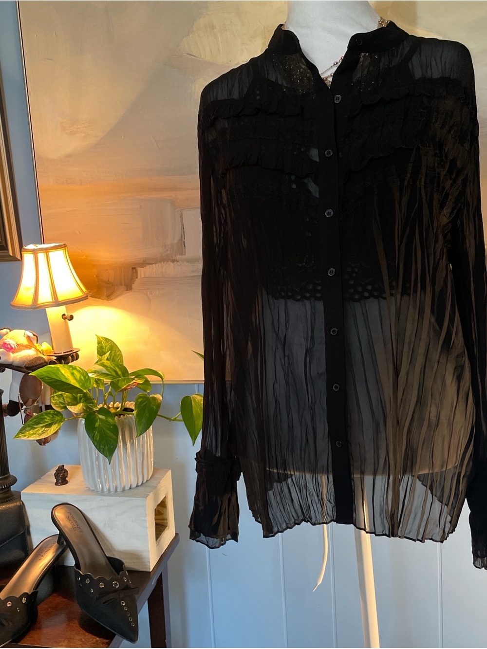 Apt. 9 Black Sheer Ruffle Button-Down Blouse
